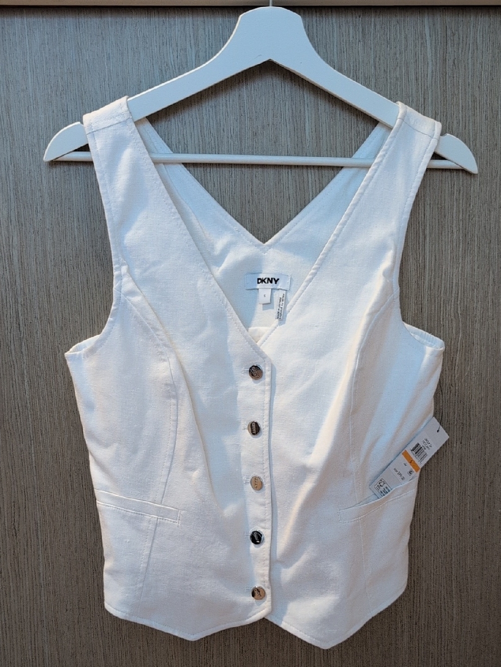 DKNY White Button-Front Vest-style Top, Linen-viscose blend, lined, Size S, NWT
